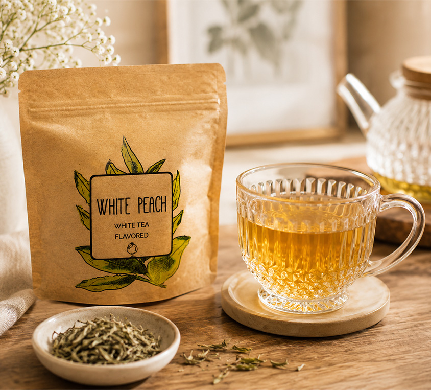White Peach Leo Tea w opakowaniu doypack biala z brzoskwinia